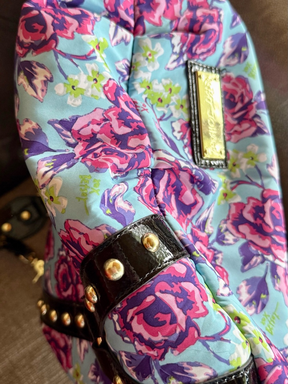 Betsey Johnson Pink and Light Blue Floral Tote with Black Patent Handles - Picture 5 of 5